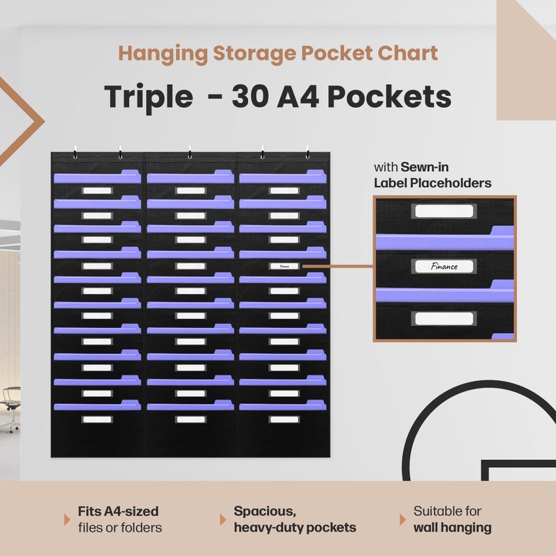Hippo Creation Heavy Duty Storage Pocket Chart for Classroom, 30 Pocket Storage Organizer with 5 Over-Door Hangers, Hanging Wall Organizer for File Folders, School Mailbox, Home Office Papers - Black - Image 2